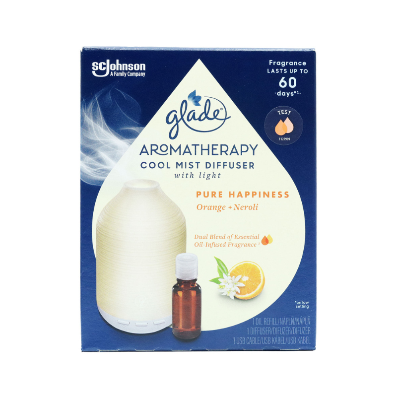 Glade Essential Oil Diffuser & 17.4ml Refill Pure Happiness Orange & Neroli Cool Mist Air Freshener for Home, Office & Rooms