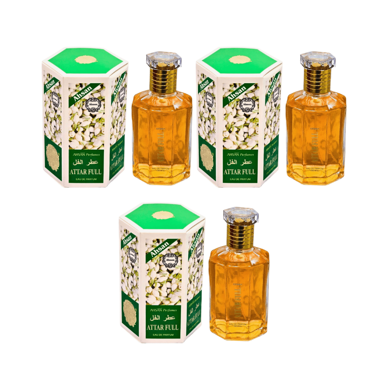 Buy AHSAN Full Jasmine Attar Perfume for Women 3 Pack (3 x 100ml). Enjoy a long-lasting jasmine floral fragrance that's perfect for everyday wear, special occasions, or gifting. Great value multipack.