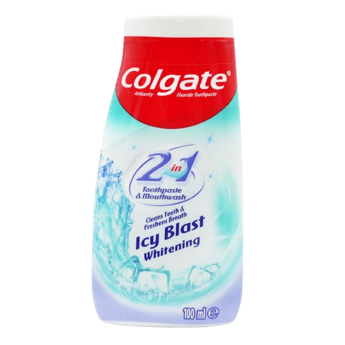 A 100ml bottle of Colgate Icy Blast Whitening toothpaste and mouthwash, featuring a red and white cap and a white bottle with blue and purple graphics.