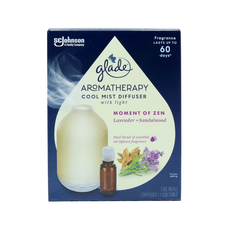 Glade Essential Oil Diffuser Holder & 17.4ml Refill - Lavender & Sandalwood Moment of Zen Air Freshener | Aromatherapy Cool Mist Home Fragrance