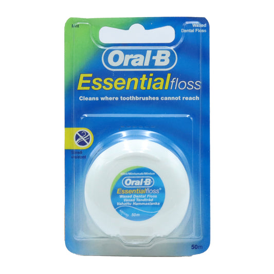 Buy Oral-B Essential Waxed Dental Floss 50m with a refreshing mint flavour. Waxed, strong and easy to use for daily cleaning between teeth. Fast UK delivery.
